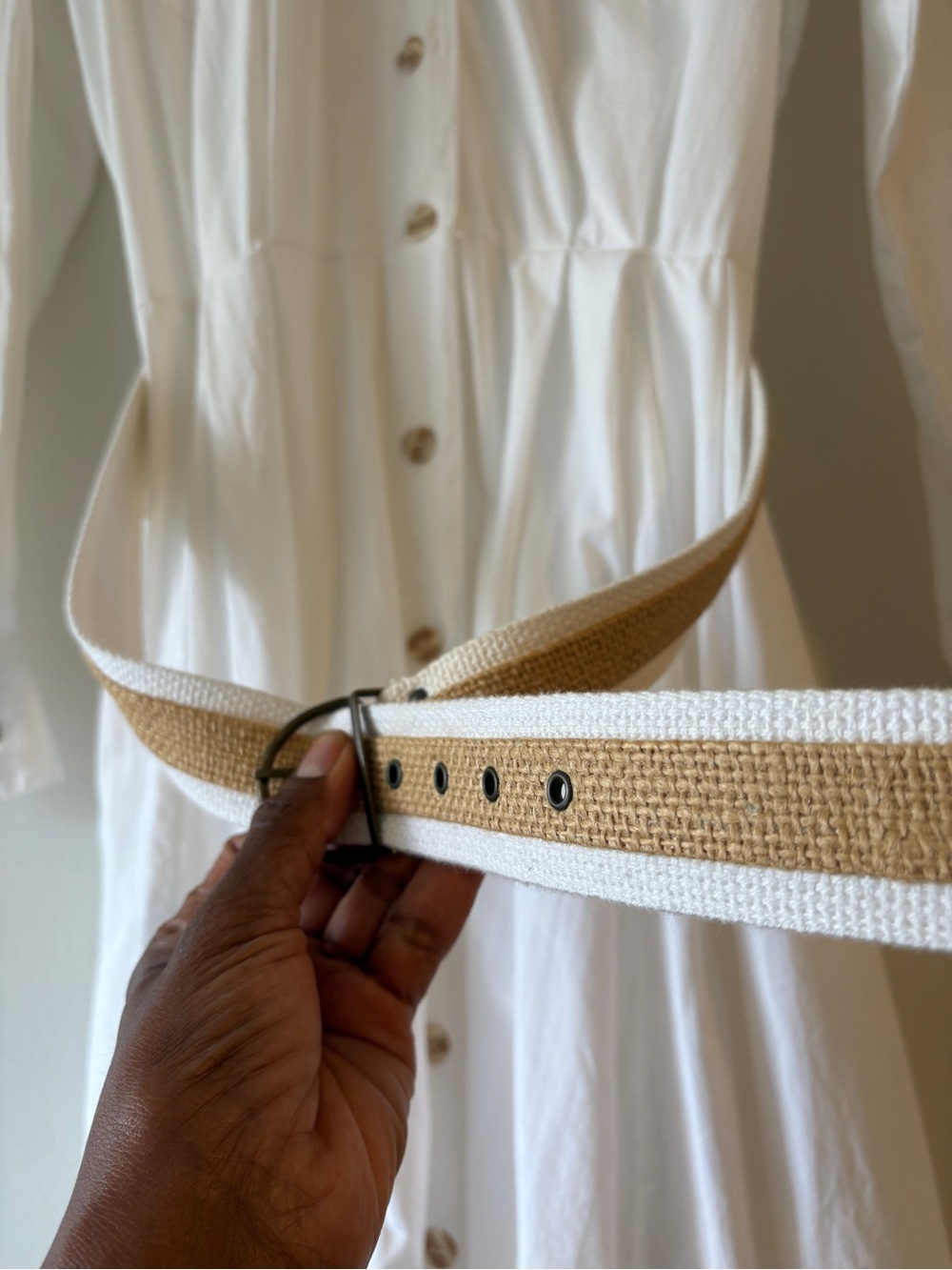 Vintage Town & Country White Cotton Shirt Dress With Shoulder Pads, Belt Size 14 - Picture 5 of 14